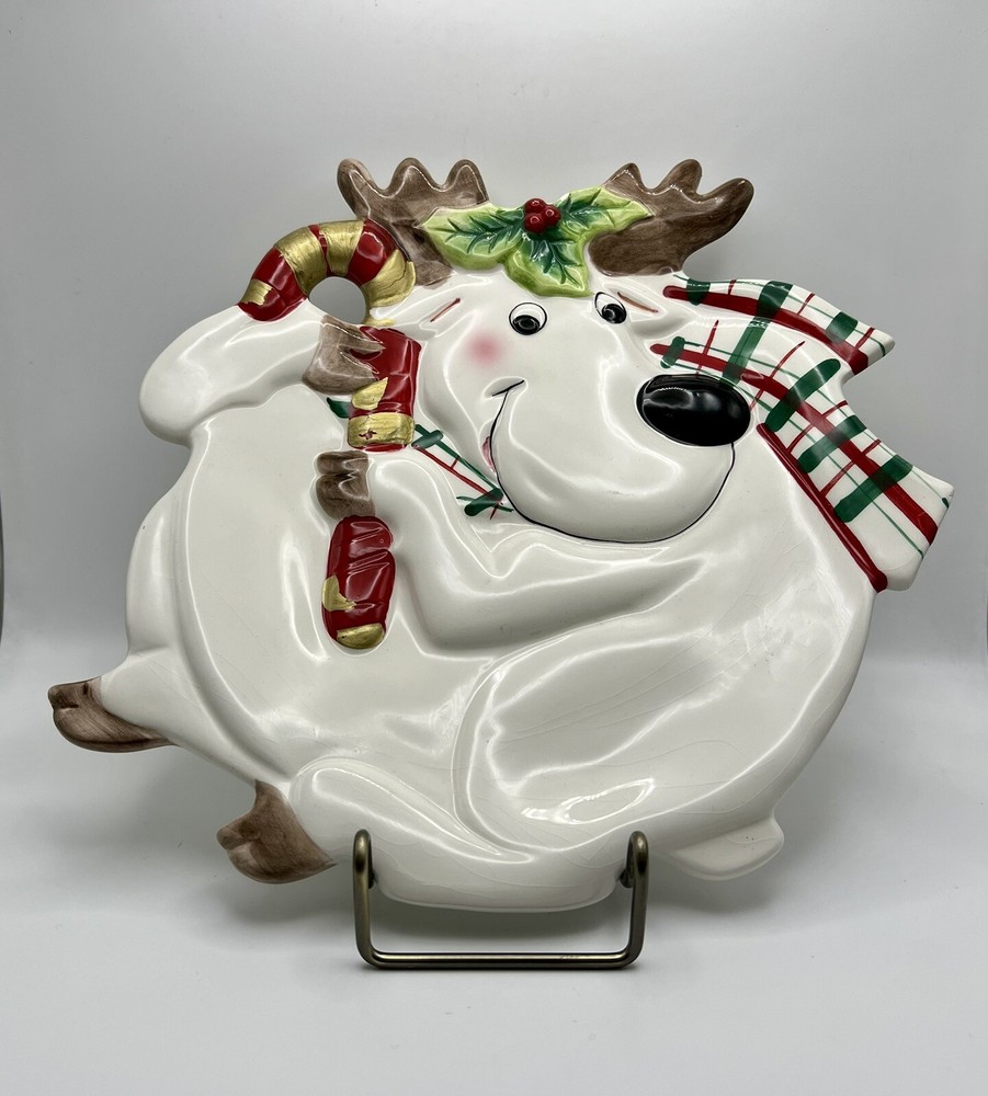 Fitz And Floyd Ceramic Reindeer  Candy Cane Scarf Christmas Canape Plate 9”