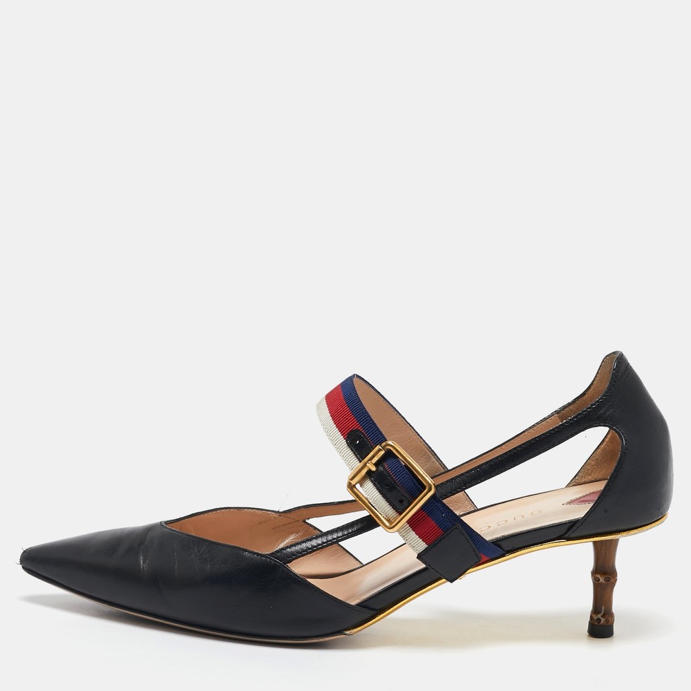 Gucci Black Leather Sylvie Bamboo Heel Pumps Size 38.5 Web Strap