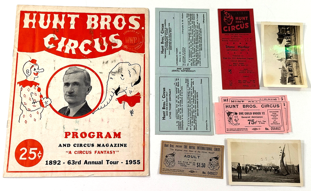 vtg 1950s HUnt Bros Lot (x8) ticket photo program circus carnival sideshow
