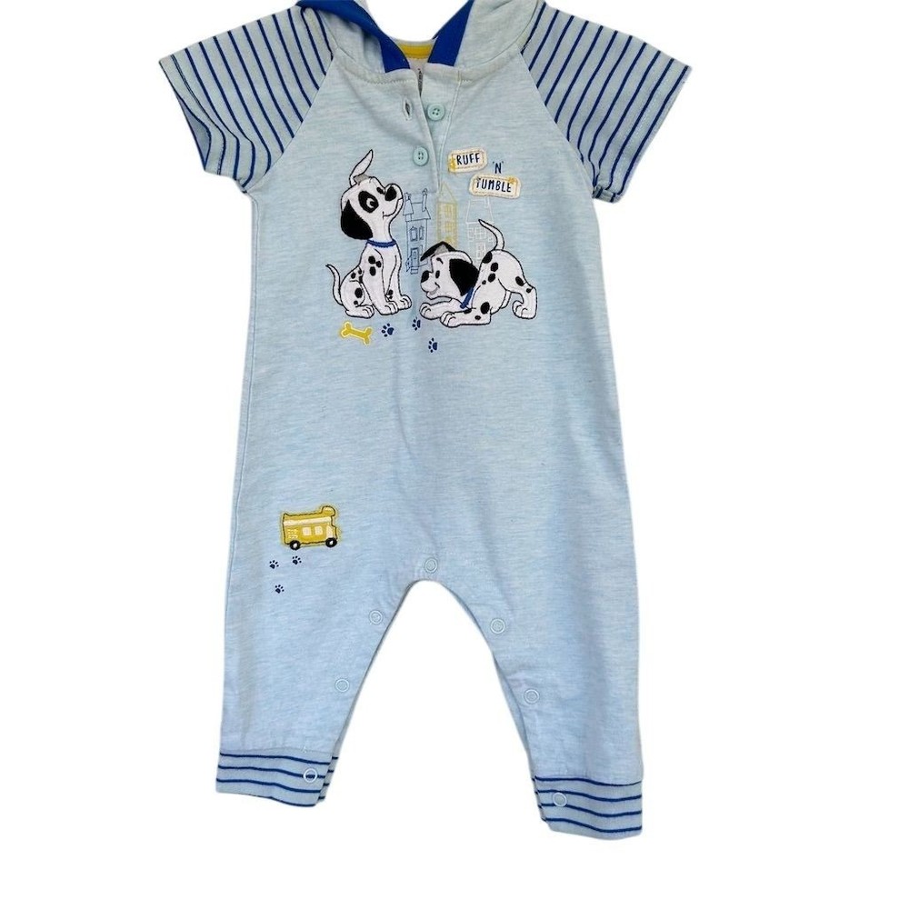 Disney 101 Dalmatians Romper Hooded Blue White Stripes Short Sleeve Snap Closure