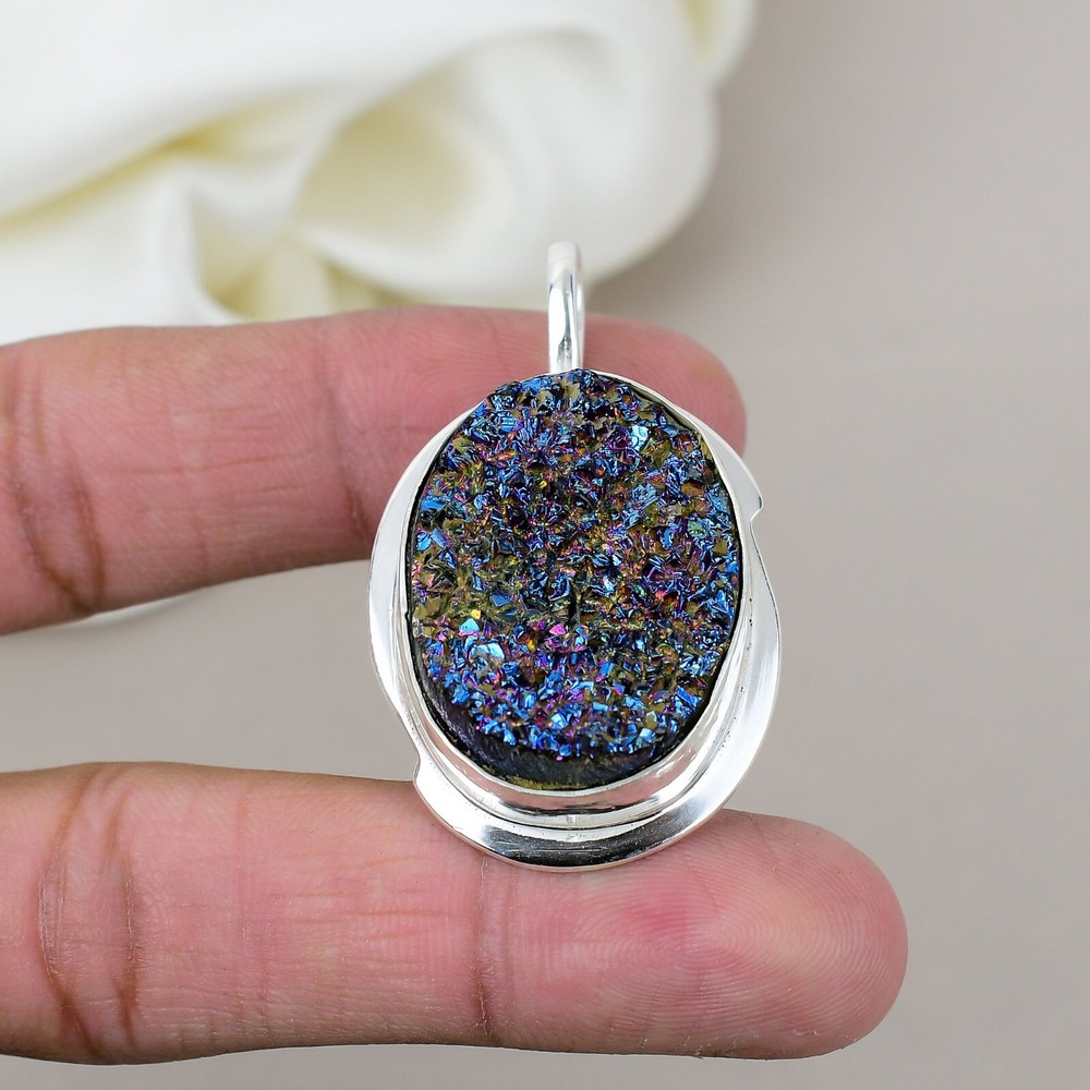 Titanium Druzy Gemstone 925 Sterling Silver Statement Pendant Gift for Her