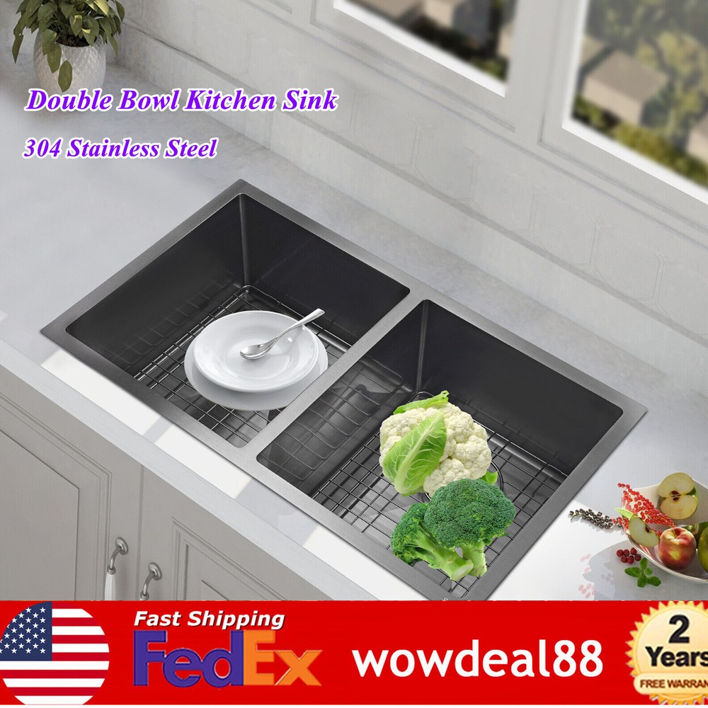 Modern 304 Stainless Steel Double Bowl Kitchen Sink 14x16 Inches-image