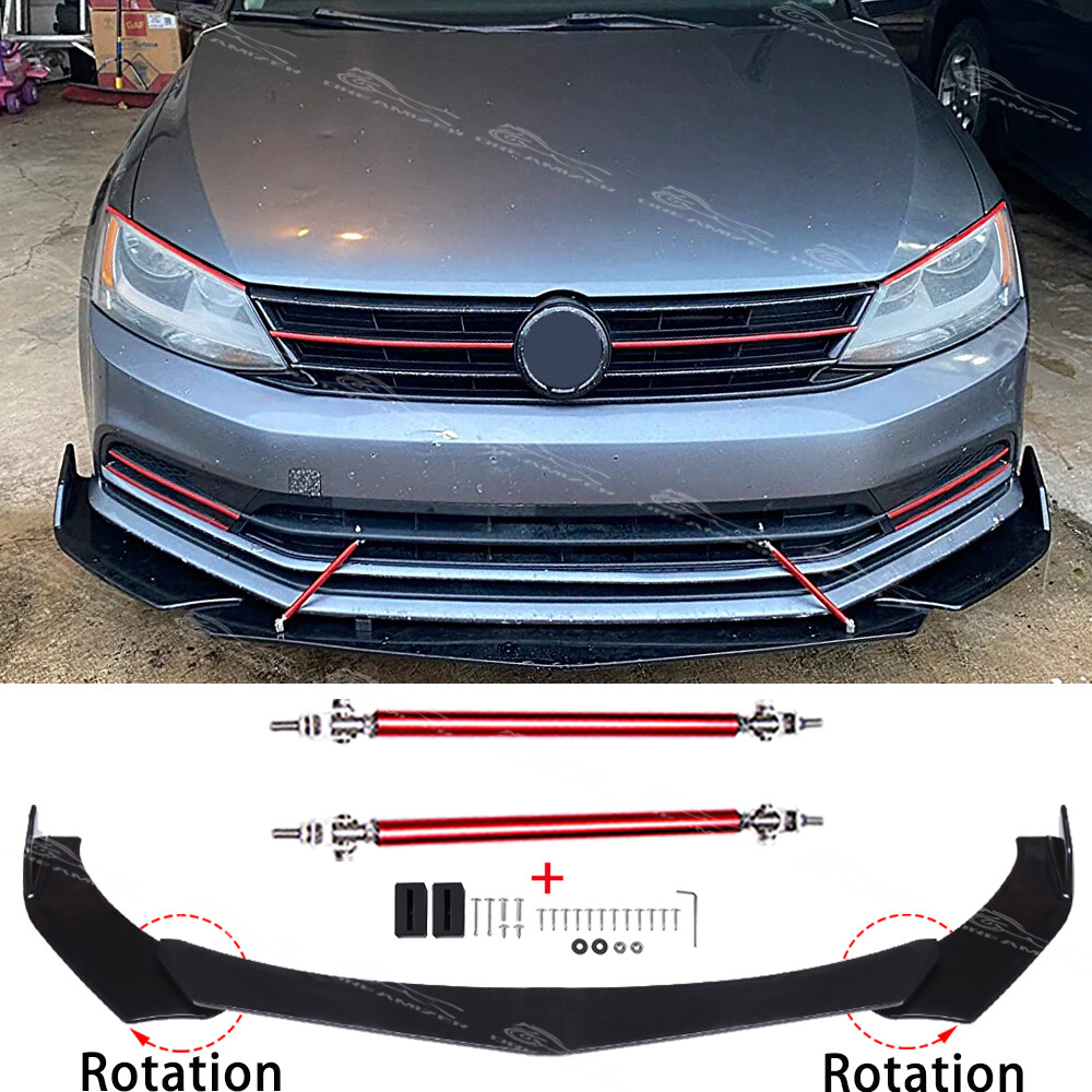 Volkswagen Jetta 14-24 Gloss Front Bumper Lip Spoiler Splitter with Strut Rods