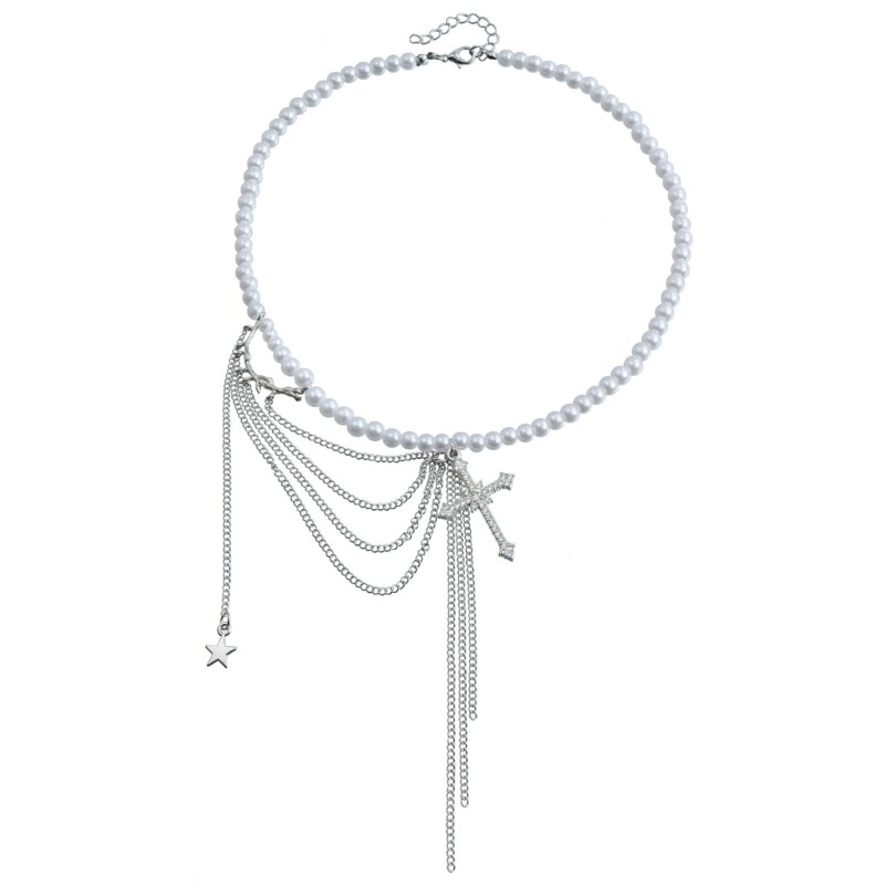 Crucifix Pendant Choker with Tassels Imitation Pearls Necklace for Stylish Women