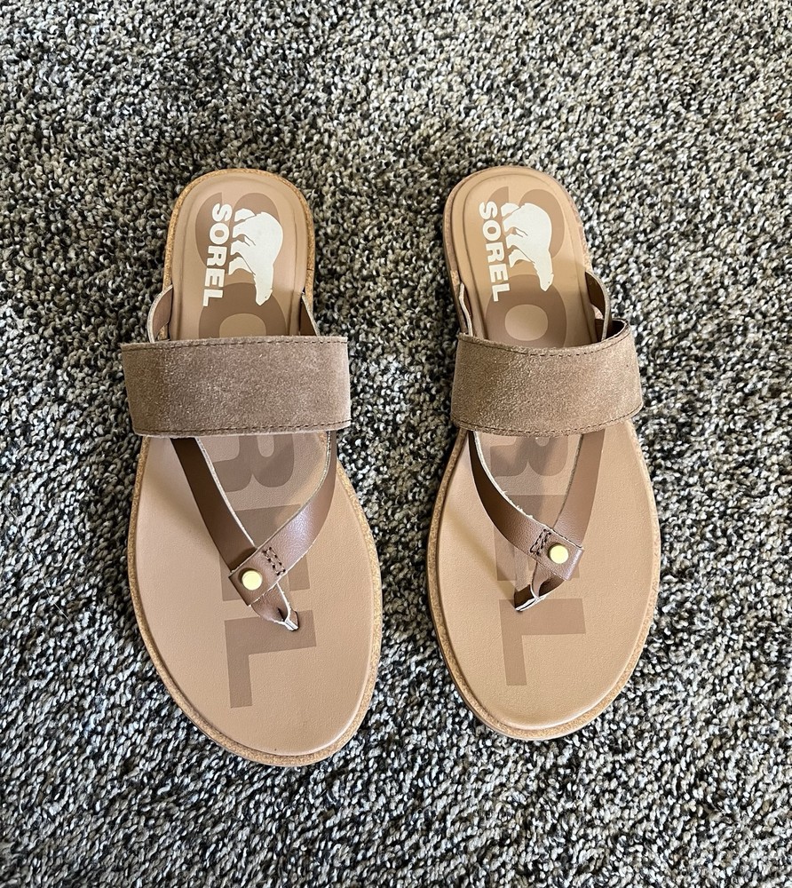 Sorel Ella II Leather Flip Sandals Light Brown Womens Size 6.5
