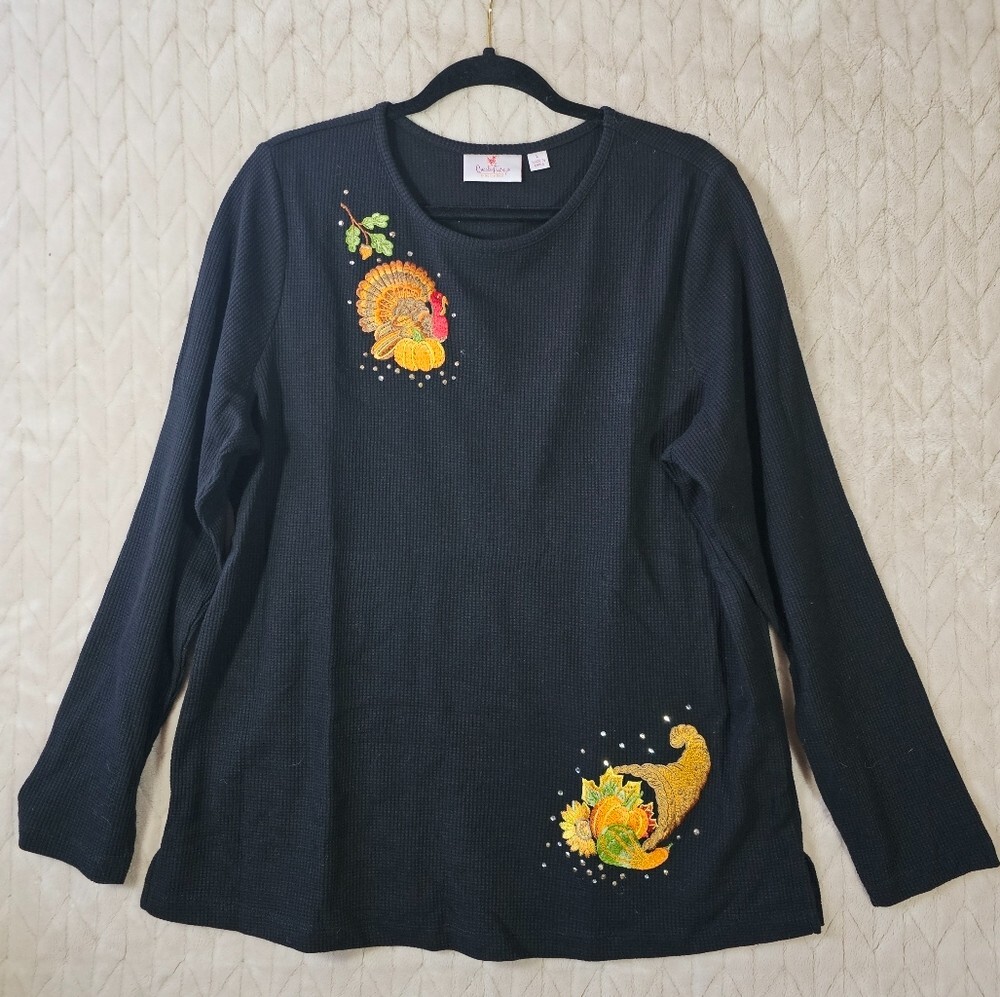 Quacker Factory Embroidered Thermal Womens L Thanksgiving Waffle Turkey Holiday