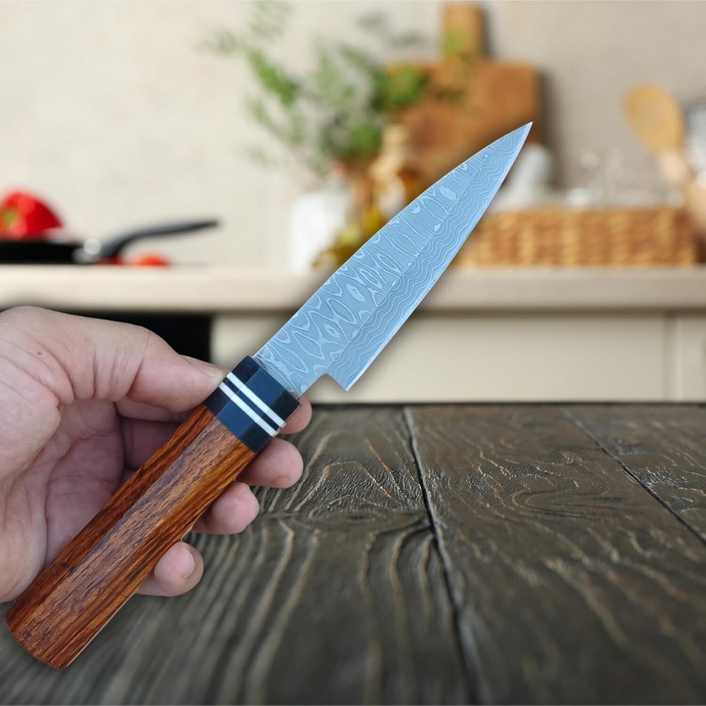 HANDMADE STAINLESS STEEL DAMASCUS PARING KNIFE, KITCHEN PETTY KNIFE WITH SHEATH