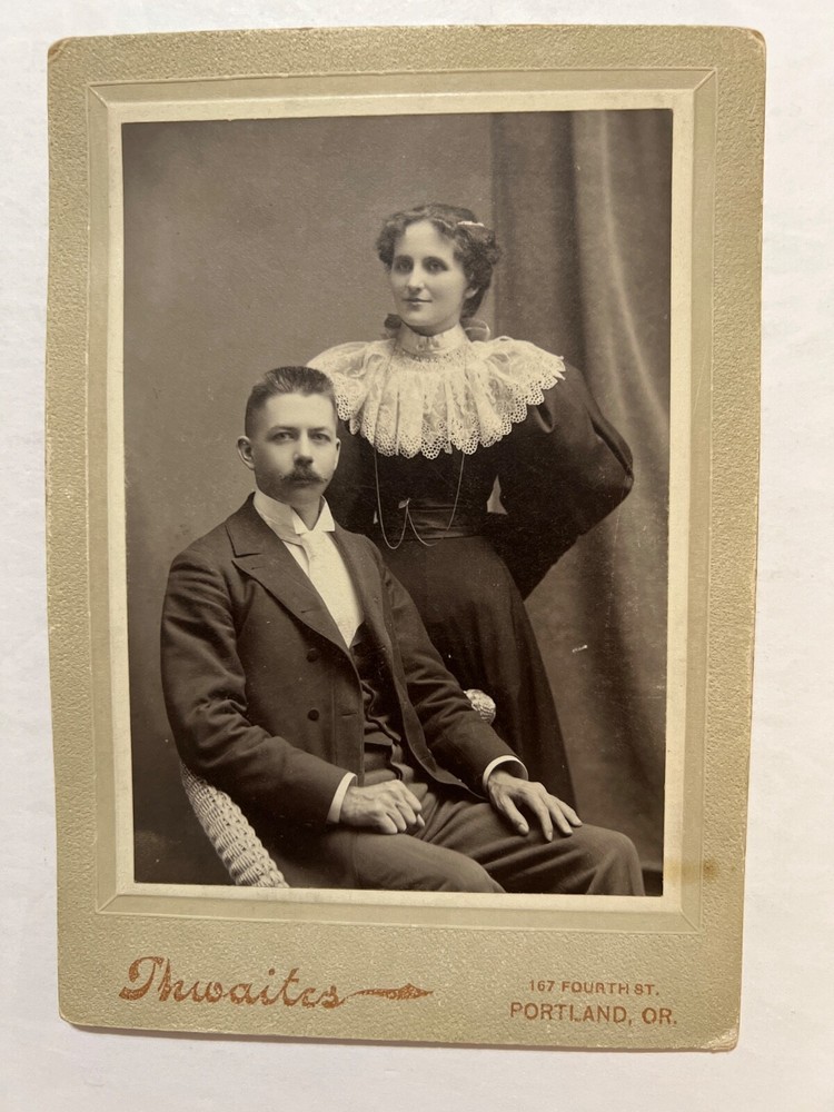 Cabinet Photo Handsome Male with Moustache, Female Lace Collar, Portland Oregan