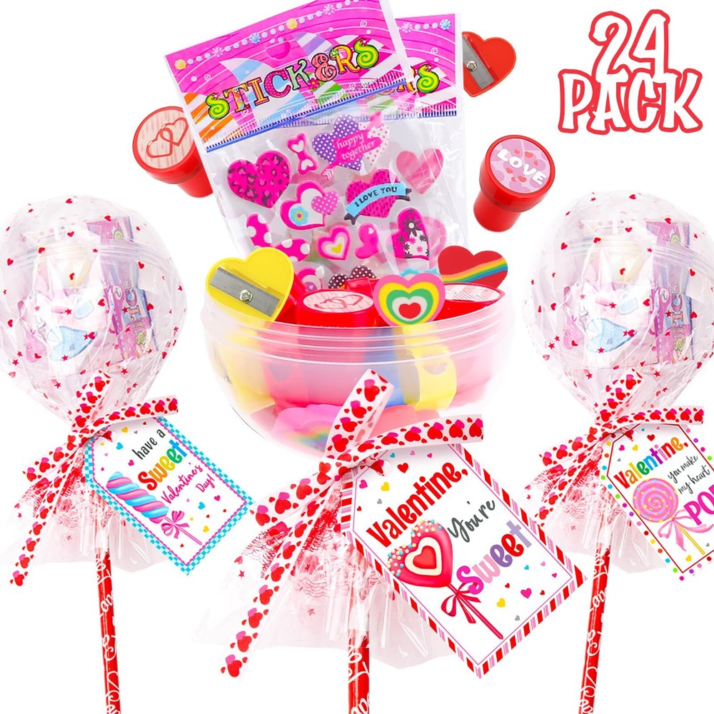 Valentines Day Gifts for Kids - 24 Pack Giant Lollipop-Shaped Stationery Set ...