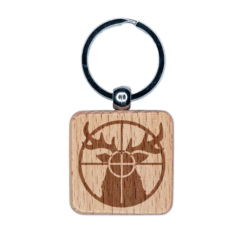 Deer Hunter Crosshair Engraved Wooden Keychain Tag Charm