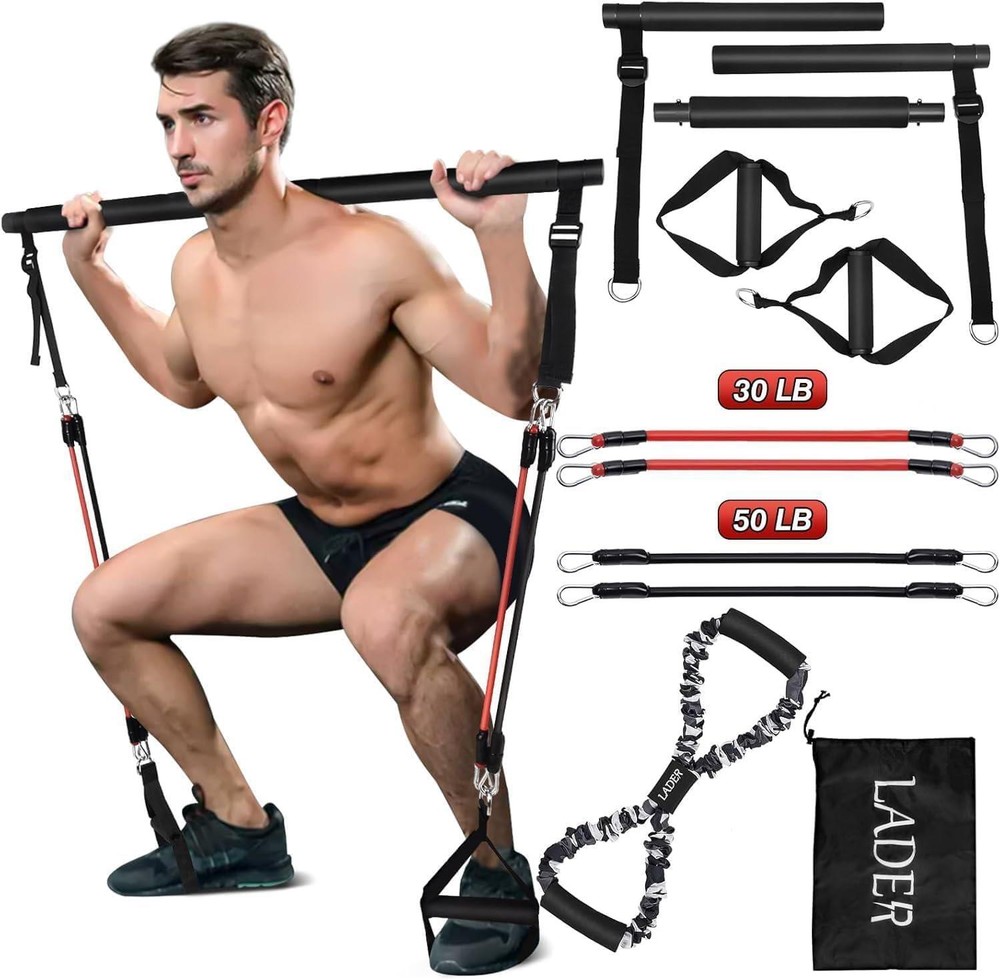 Pilates Bar Kit with Resistance Band for Portable Home Yoga Workouts