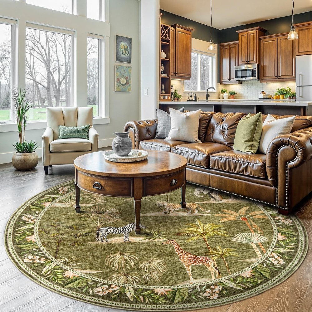 Jinchan 7ft Round Rug Summer Green Jungle Animal Print Living Room Machine Washable
