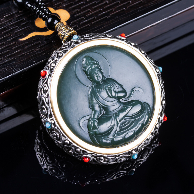 Hotan Jade Guanyin Wheel with Tibetan Silver Inlay for Feng Shui Luck