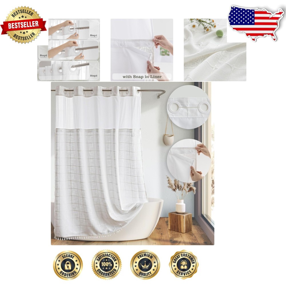 Water Repellent Farmhouse Shower Curtain with Tassels, No Hooks, 71x86 Inches