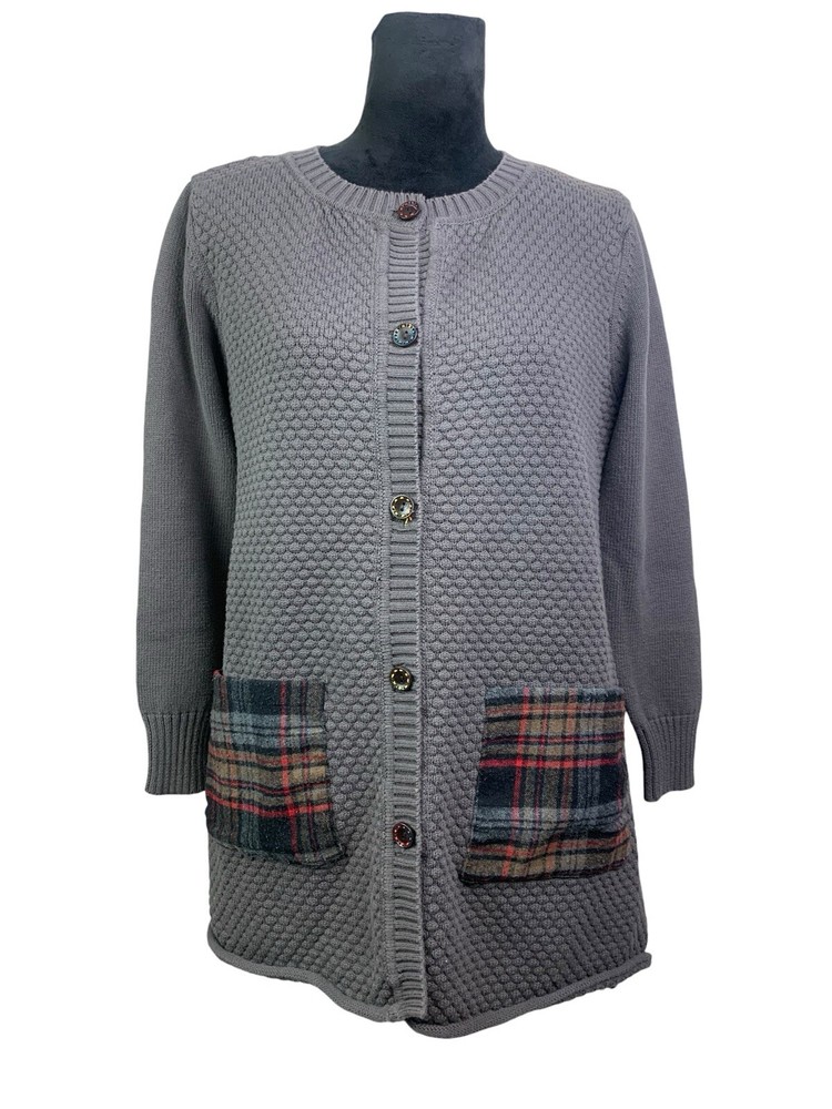 Talk Of The Walk Gray Knit Tunic Cardigan Plaid Contrasting Back & Pockets