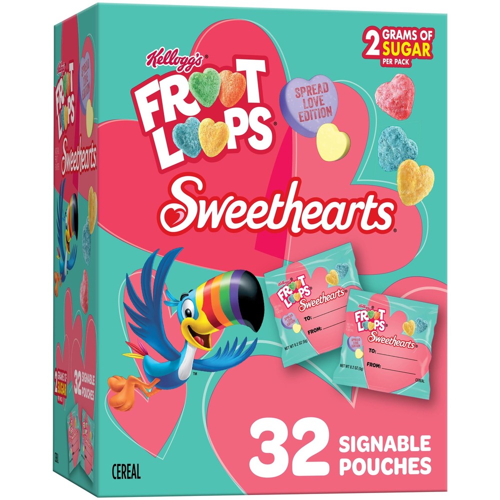 Kellogg's Froot Loops Sweethearts Cereal Snacks, 6.4oz Box (32 Pouches)