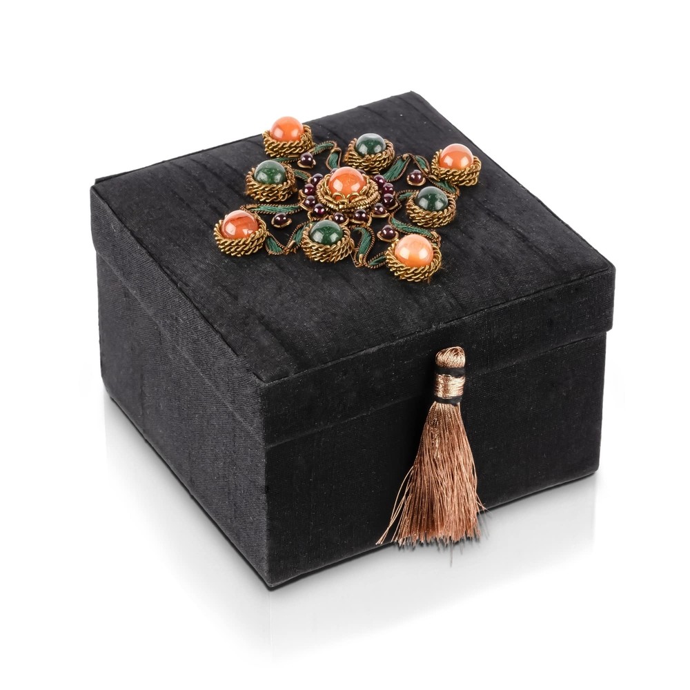 Handmade Embroidered Jewelry Box with Gemstones for Keepsakes and Collectibles