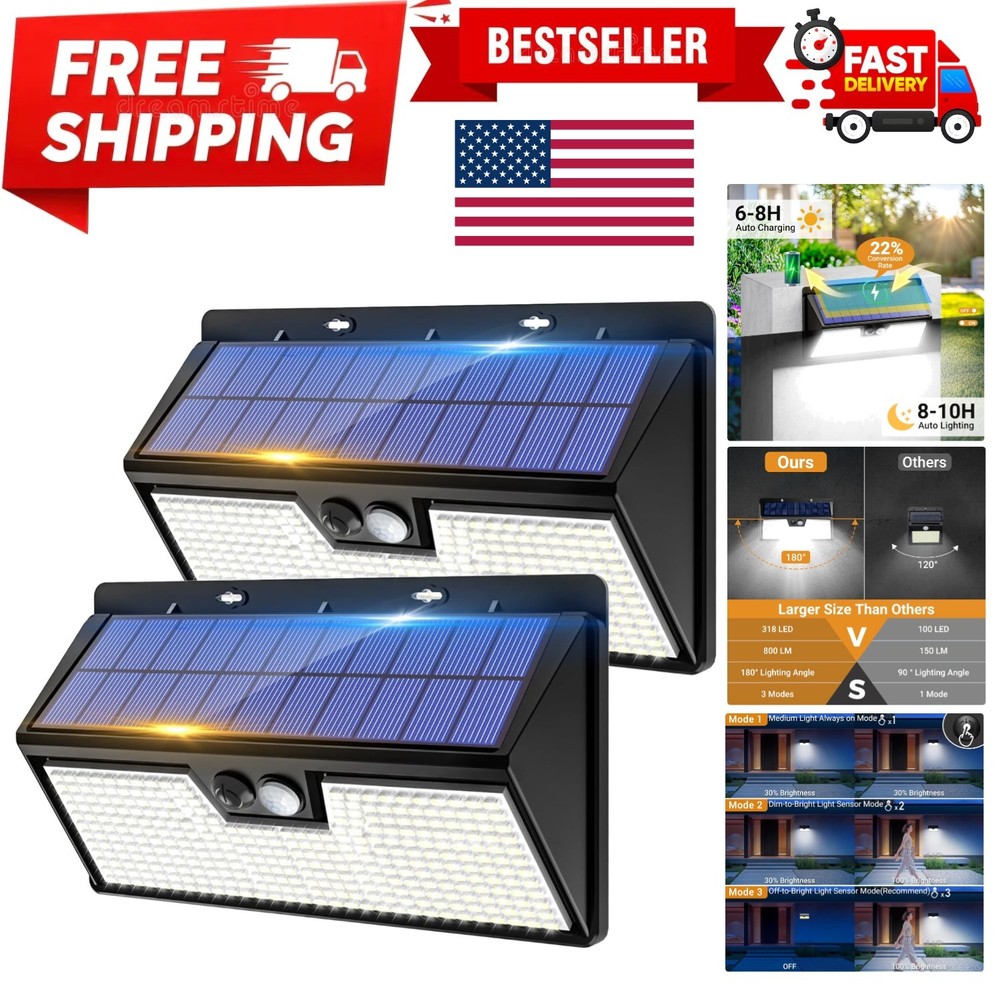 Large Solar Motion Lights Outdoor, 318 LED Super Bright Shed Lights with 3 Li...