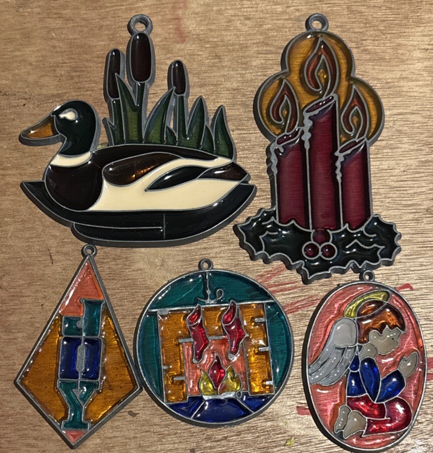 5 Vintage Stained Glass Style Suncatcher Christmas Ornaments