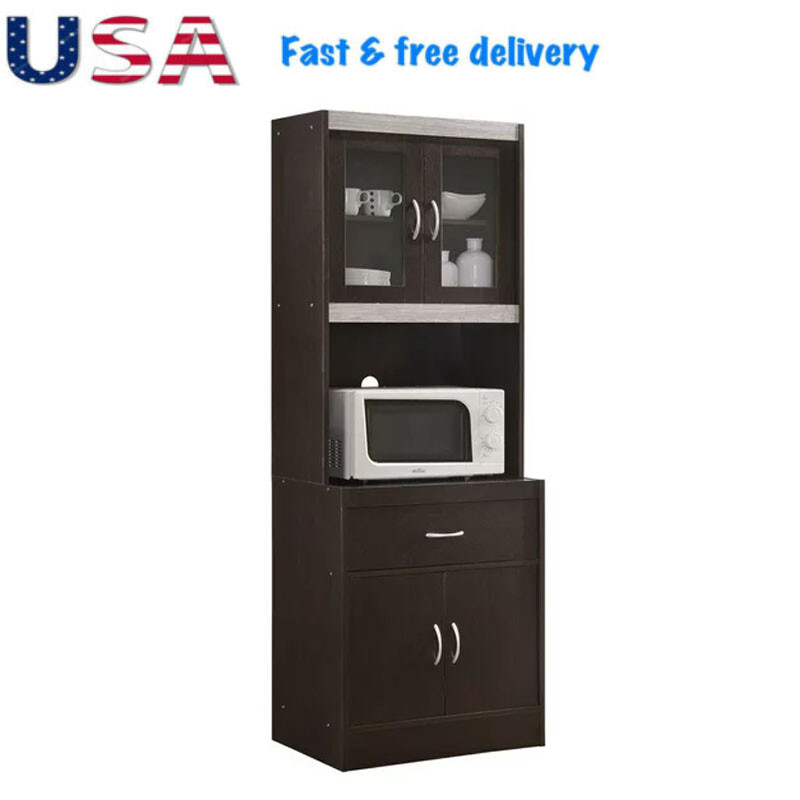 Durable Kitchen Cabinet with Drawer and Glass Door Free Standing Storage Cupboard
