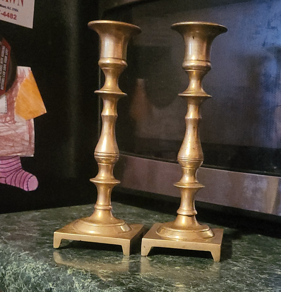 Brass Taper Candle Holders, Set of 2 Square Base Candlesticks 1900-1949