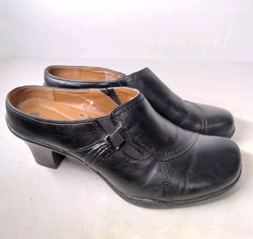 Earth Spirit Womens Size 9 Black Leather Slip On Wedge Mules Comfort Shoes