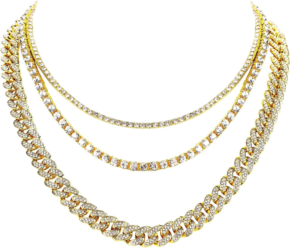 Gold Silver Chain Necklace for Men & Women - Iced Out Diamond Cuban & Tennis Link