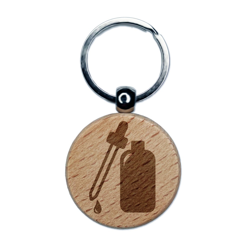 Dropper Bottle Engraved Wood Round Keychain Tag Charm
