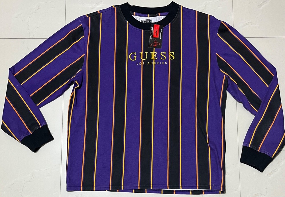 Guess Los Angeles Long Sleeve T Shirt Purple Black Orange Striped Size M