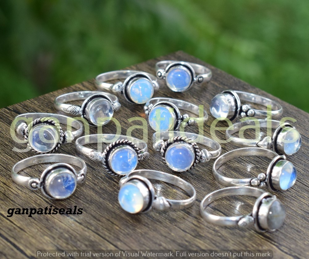 Christmas Sale: 5pcs Opalite Gemstone Ring Wholesale Lot in 925 Silver Plated-image