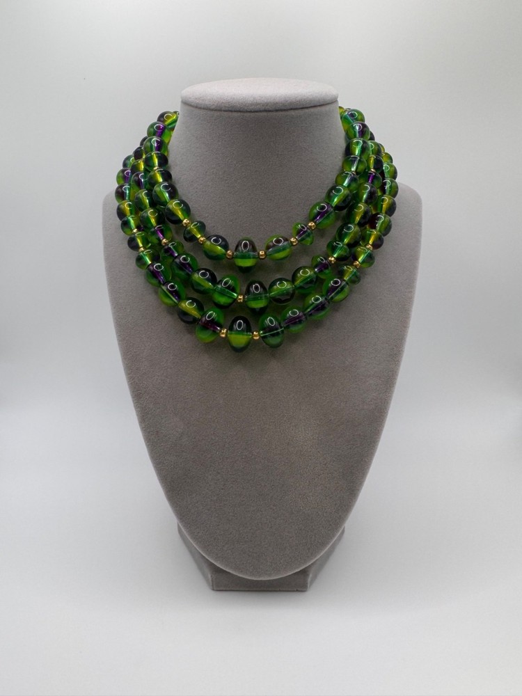 Vintage 3 Strand Green Purple Acrylic Bead Necklace Statement Chunky Retro