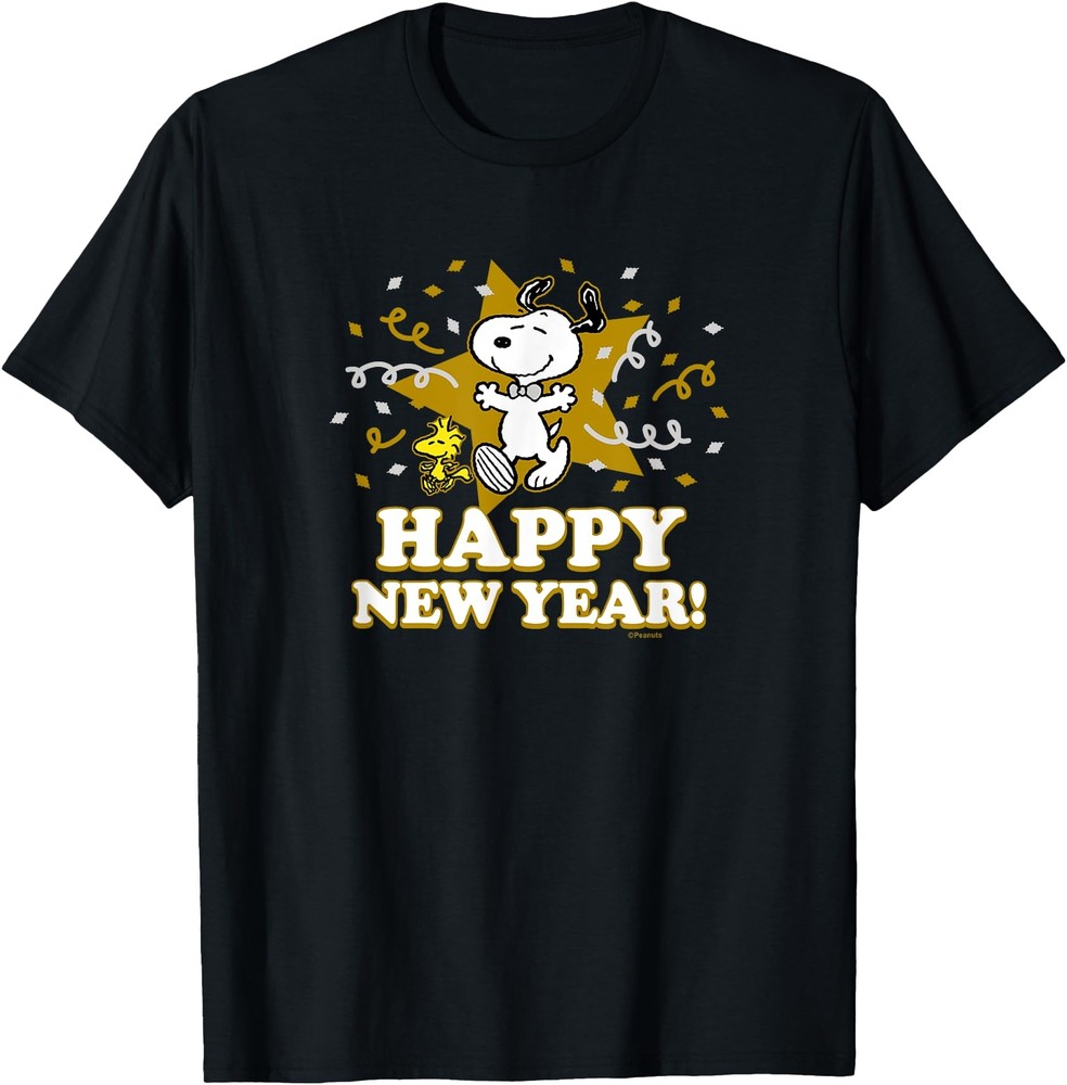 Peanuts   Snoopy and Woodstock Happy New Year Confetti T Shirt Men