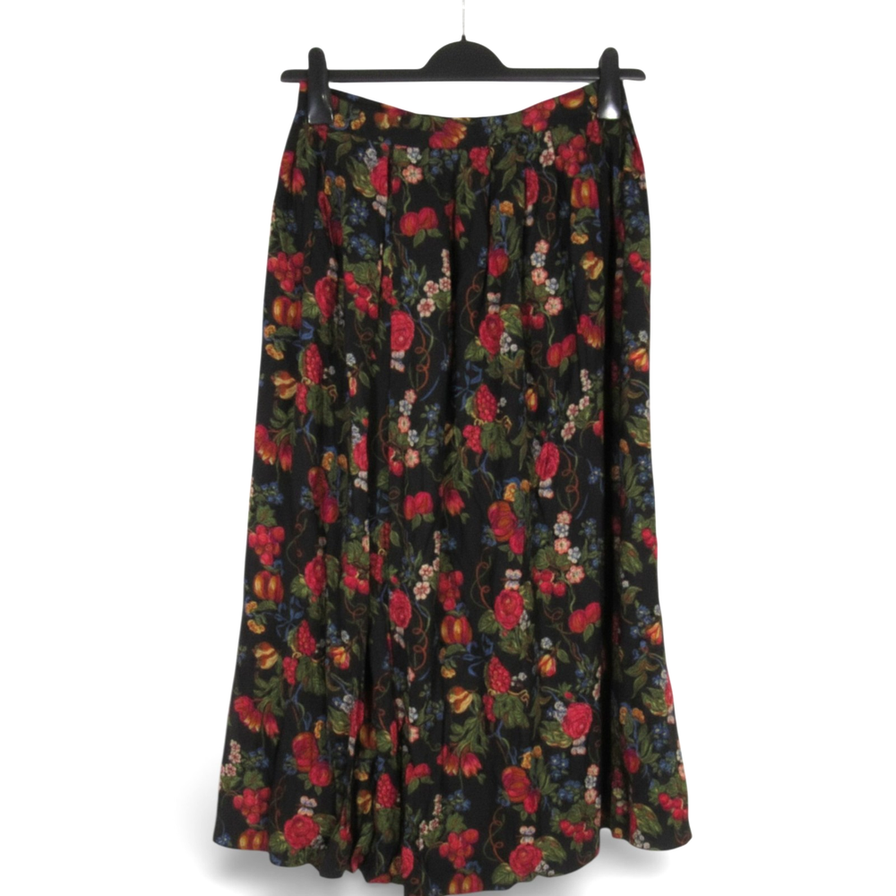 VTG SUSAN BRISTOL Black/Multi FLORAL Pleated BUTTON/ZIP Pockets A-LINE SKIRT 12