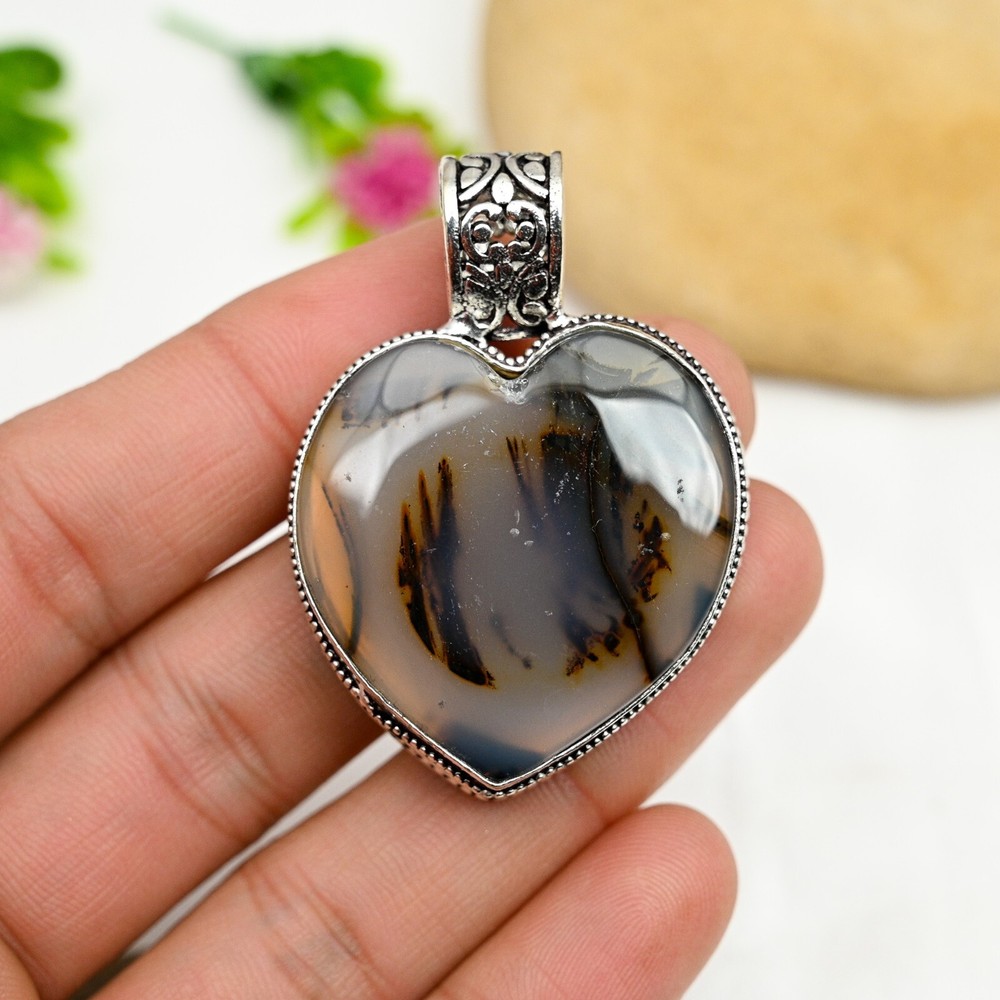 Dainty Montana Agate Heart Pendant in 925 Sterling Silver Handmade Jewelry