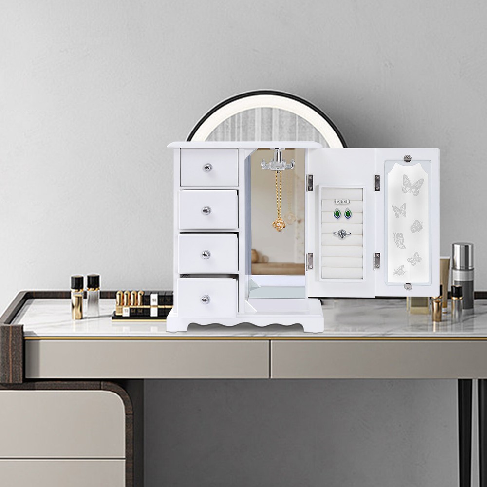 Wooden 4 Drawers Jewelry Box W/ Mirror Storage Organizer Drawers White For Women