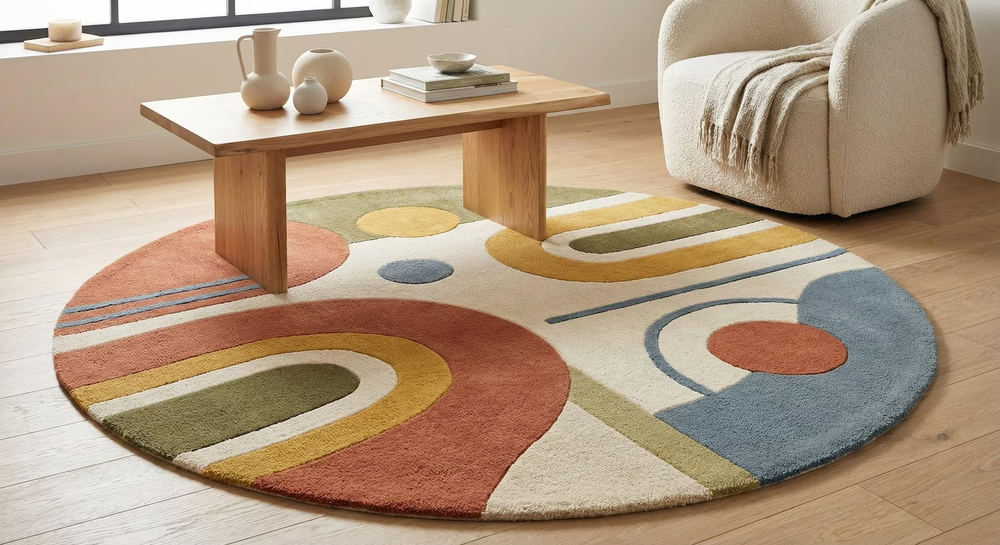 Hand Tufted rug Round Wool rug Mid Century Modern Geometric Bauhaus Carpet Rug