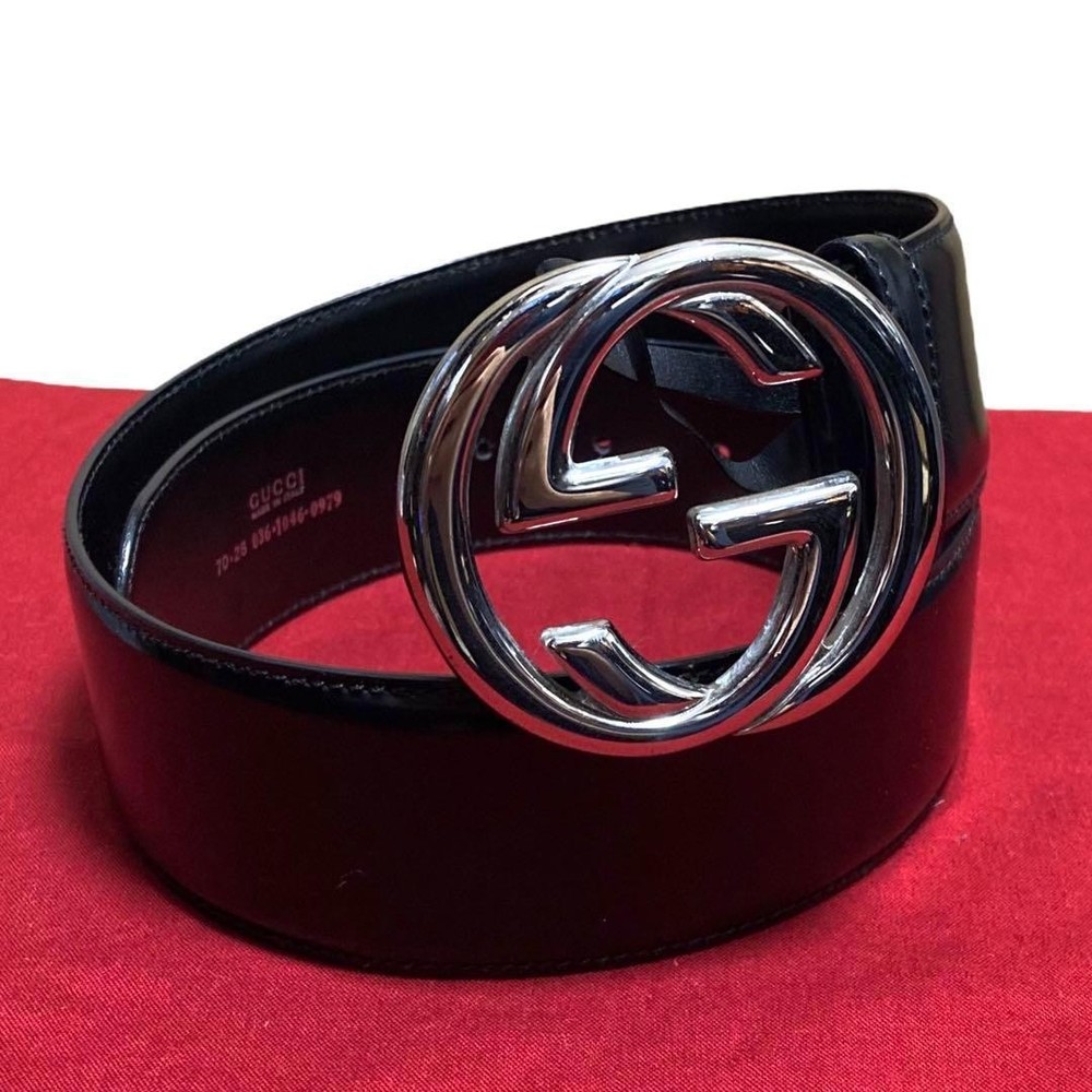 Gucci Men's Black Leather Interlocking G Belt Silver Buckle Authentic Pre-Owned  