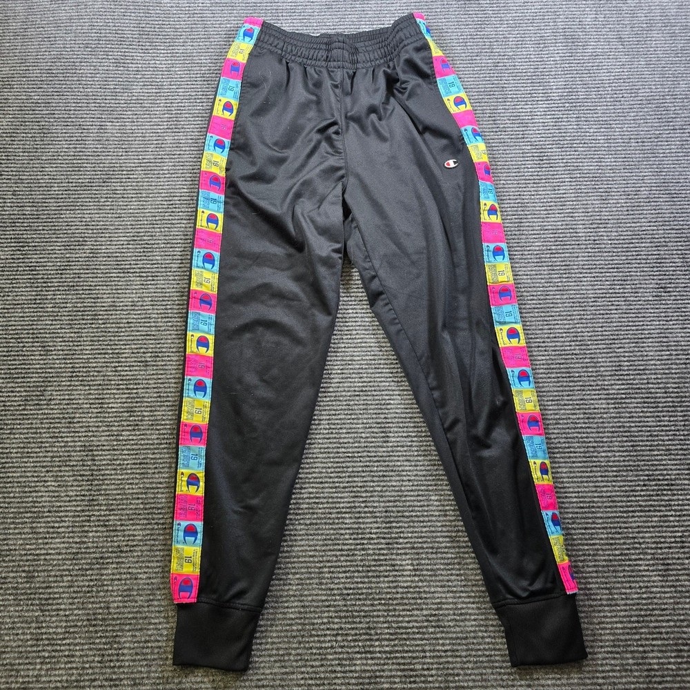 Champion Joggers Mens Small Black Y2K Logo Tape Track Pants Athletic