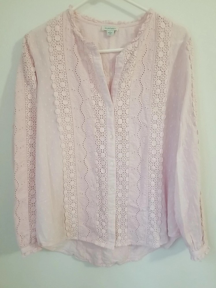 Sundance Top Shirt Eyelet Dots Long Sleeve Sz L Boho Romantic Cotton Pink