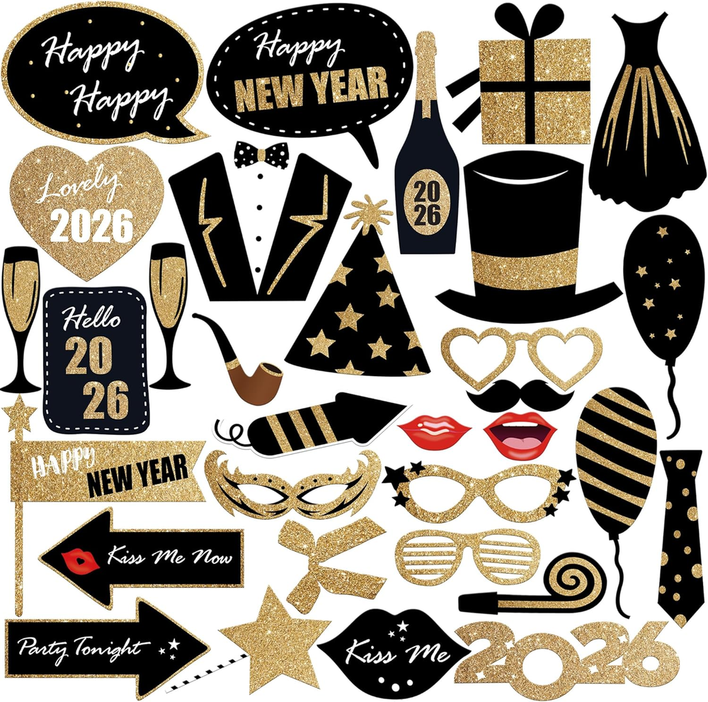 , Glitter New Years Photo Booth Props 2026 - Pack of 32 | New Years Eve Photo Bo-image