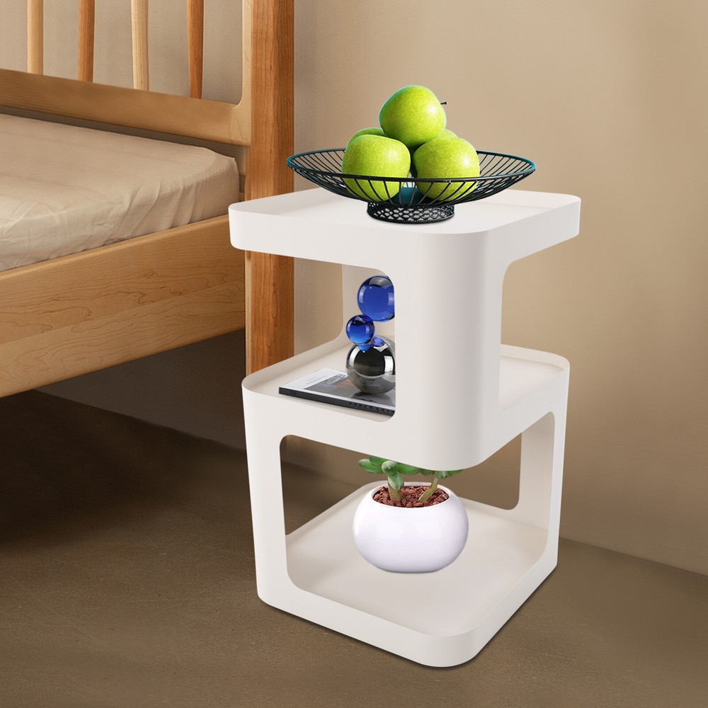 3 Tier Modern Side Table with Storage in White for Living Room or Bedroom