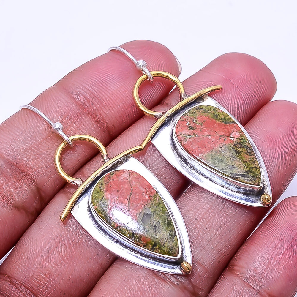 Natural Unakite 925 Sterling Silver Two Tone Earring 1.95