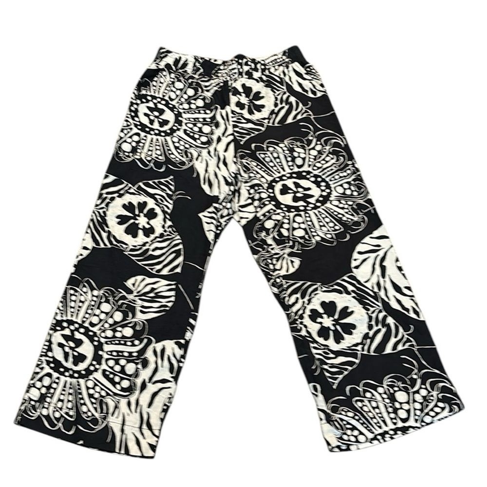Christian Siriano New York Black Tan Floral Wide Leg Pull On Linen Blend Pants S
