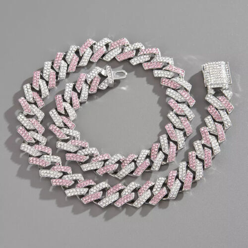 Miami Cuban Link Chain 15mm Iced A+++ Out Clear Pink Rhinestone White Gold Plate