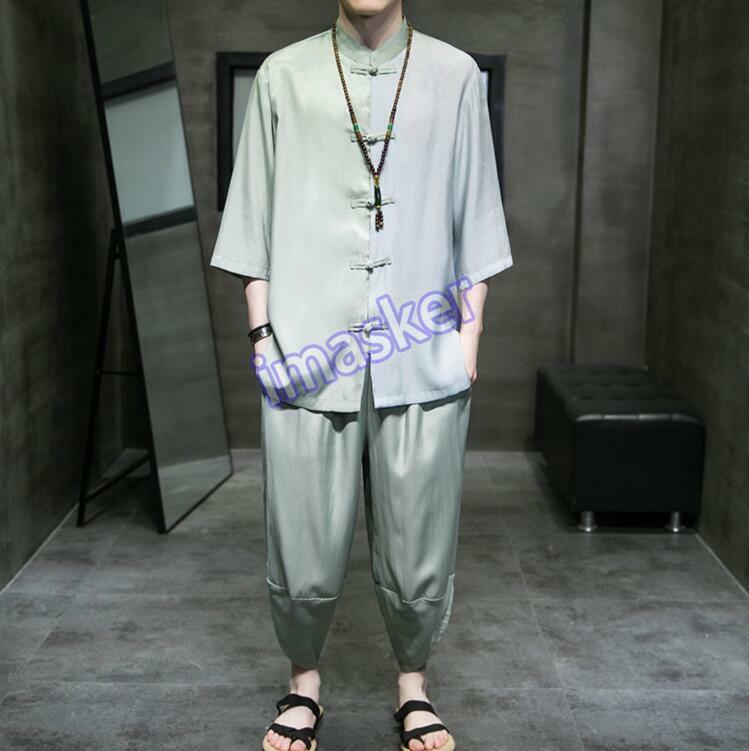 Men's Fashion Chinese Style Short Sleeve Color Matching Loose Shirt Pants 2pc