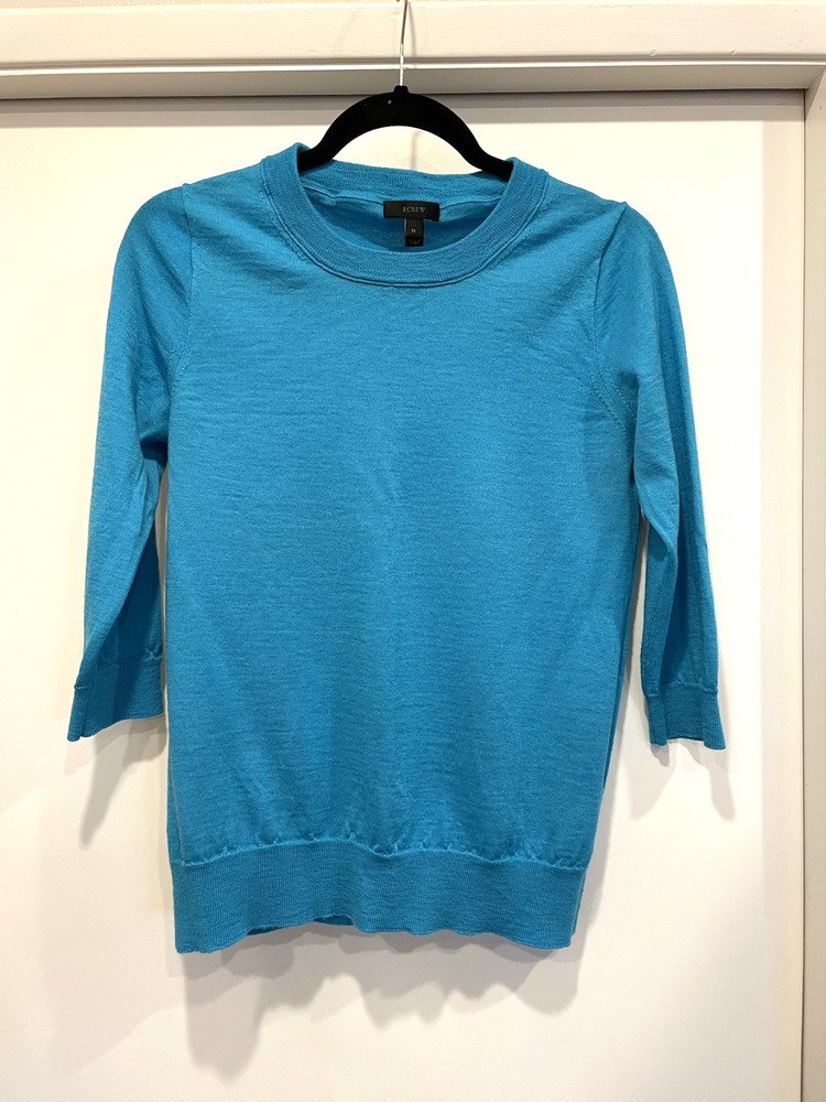J Crew Sweater Womens Medium Turquoise Merino Wool 3/4 Sleeve Crew Neck