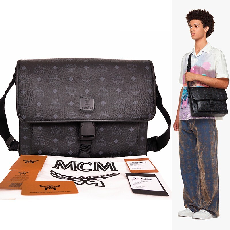 NEW $890 MCM Klassik Black Leather & Visetos Gray Logo CROSSBODY Laurel Flap BAG
