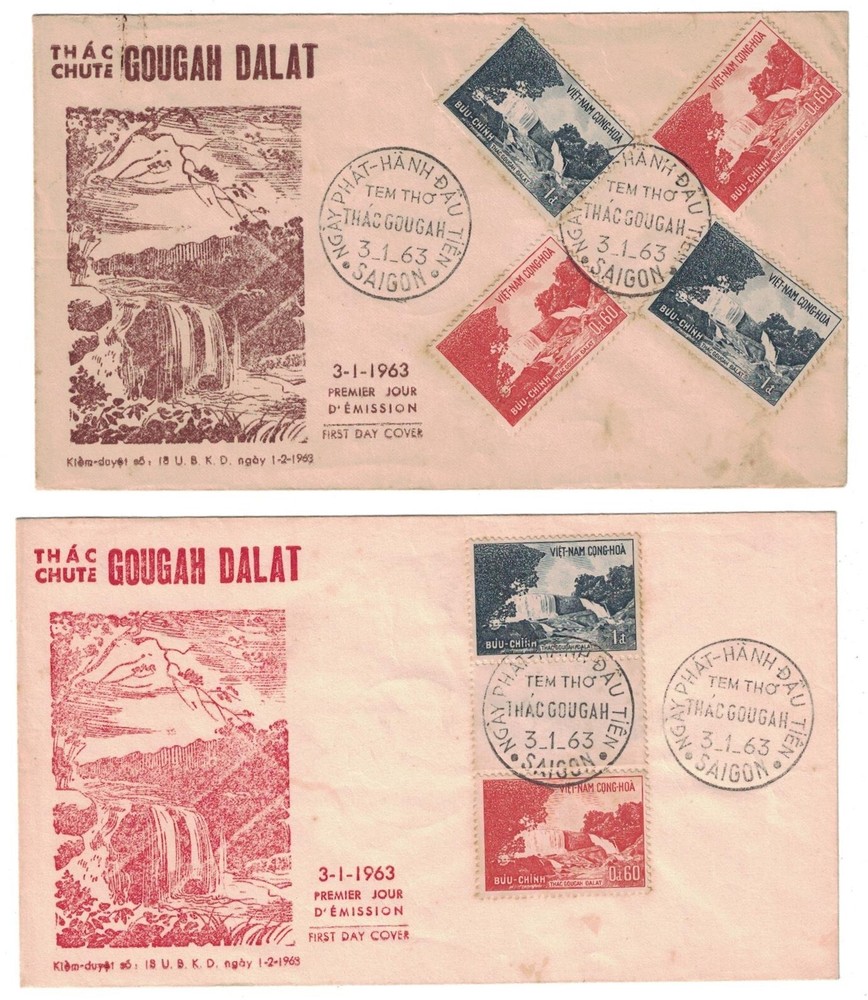 2 1963 VIETNAM FDC GOUGAH DALAT WATERFALL MULTIPLE STAMP & CANCEL & COLOR CACHET
