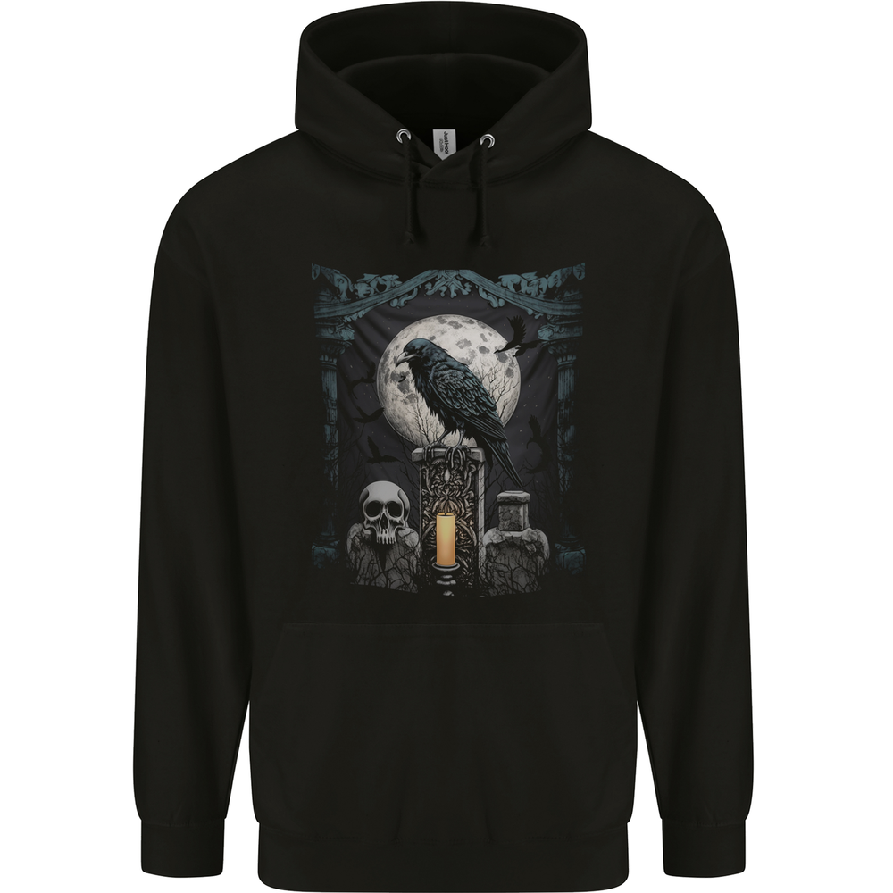 Gothic Skull and Crow With Arch and Moon Mens 80% Cotton Hoodie