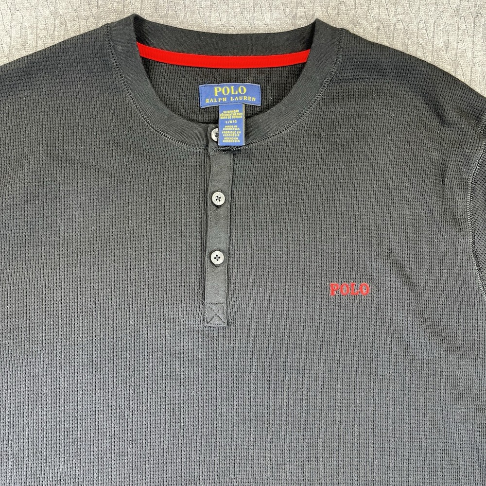 Ralph Lauren Men's Large Black Waffle Knit Thermal Long Sleeve Polo Shirt